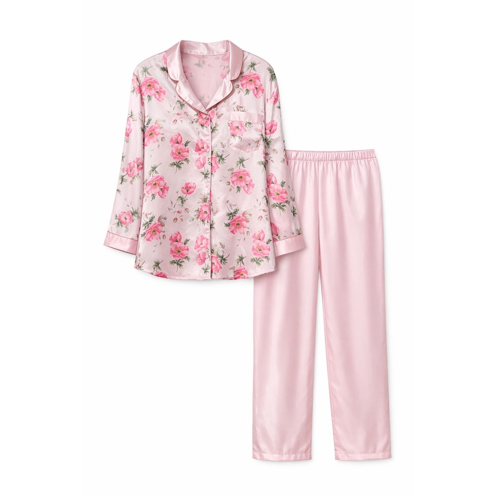Adonna Pajama Set Womens Large Pink‎ Floral Satin Long Sleeve Button Front 2 pc